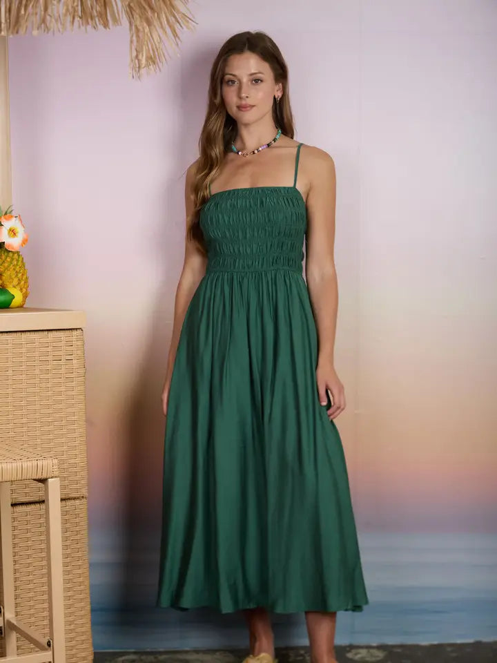 Green Shirred Bodice Spaghetti Strap Midi Dress