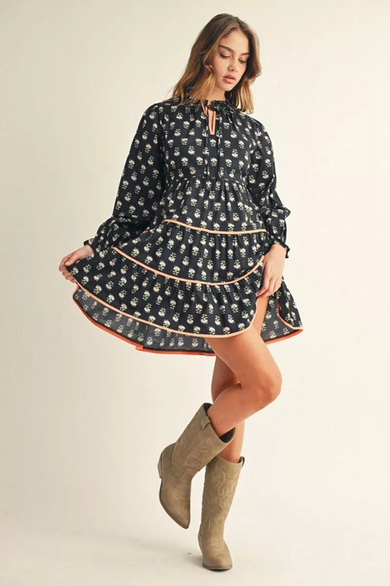 Black Long Sleeve Tiered Floral Dress with Tie Neck