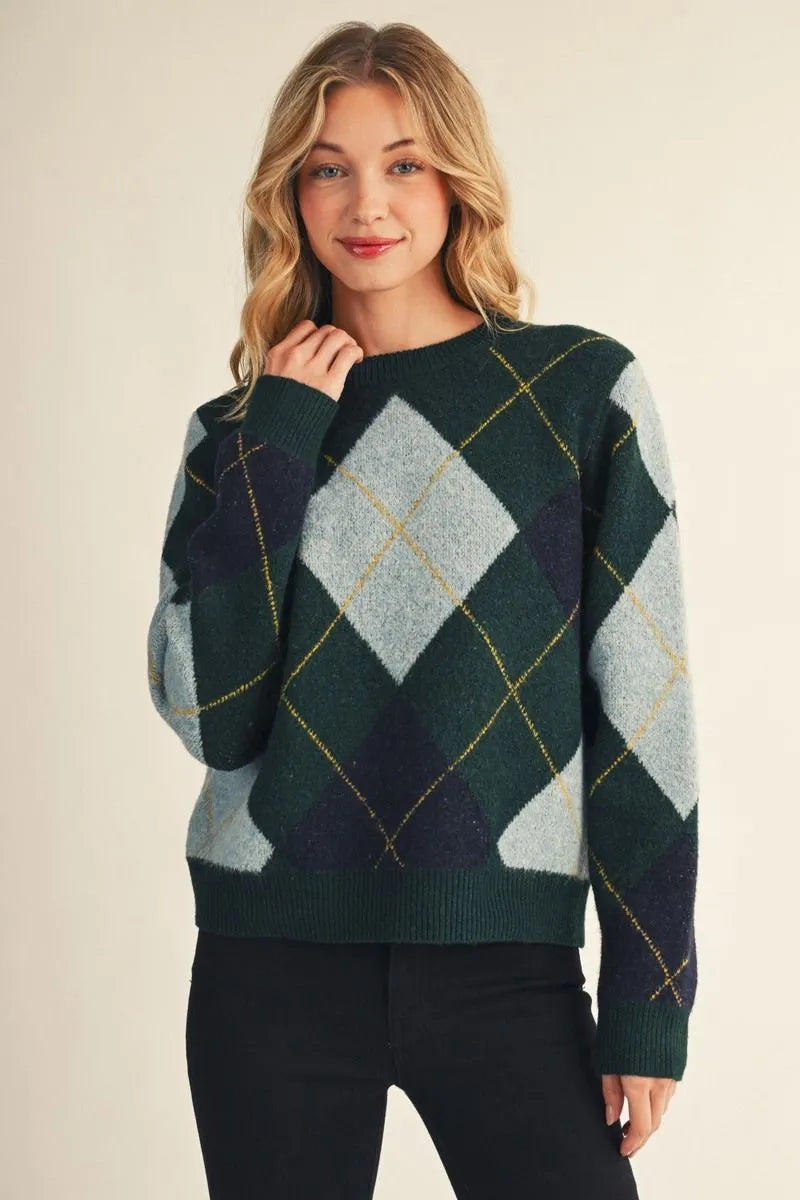 Hunter Green Argyle Check Cozy Sweater
