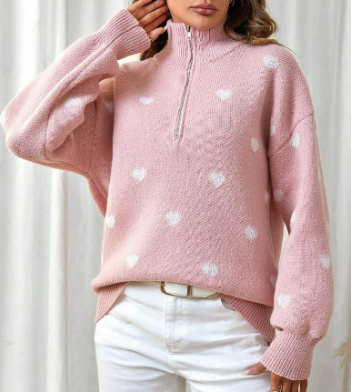 Heart Pattern Half Zipper Sweater: Light Pink