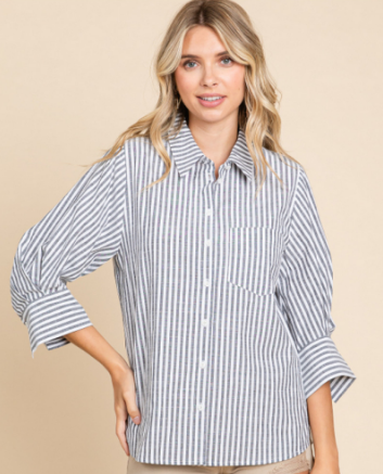 Black Striped Back Box Pleated 3/4 Sleeve Top