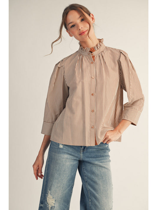 Mocha Striped Top with Stand-Up Collar