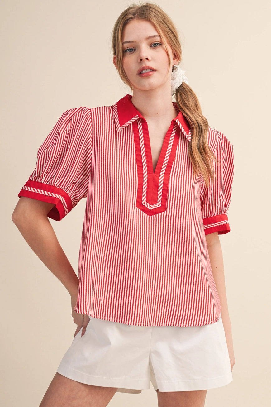 Red & White Striped Contrast Binding Collared Top