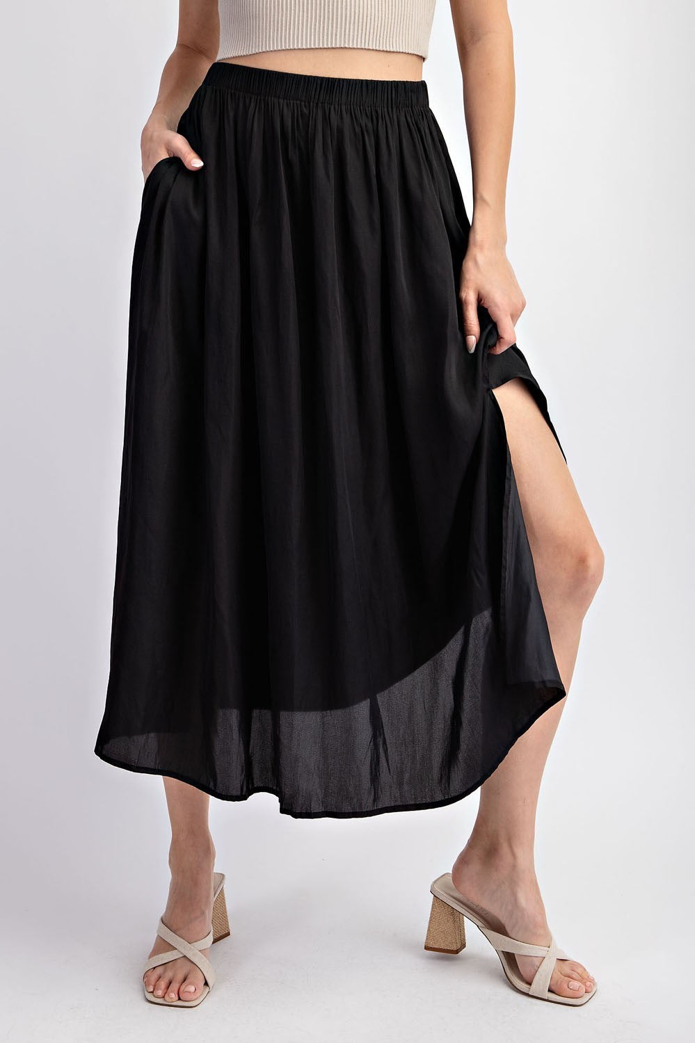 Black Midi Skirt with Elastic Waist