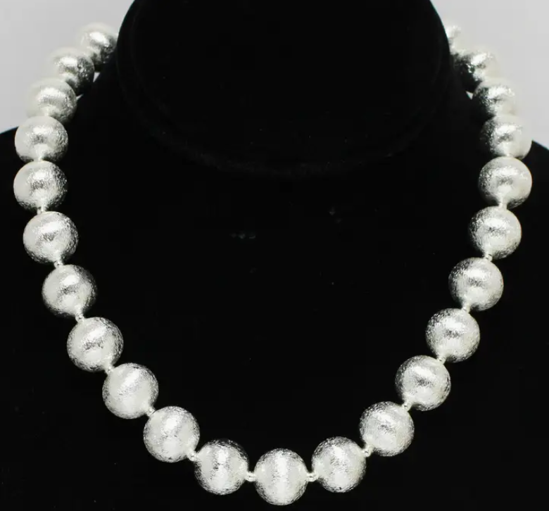 Lightweight Brass Textured Ball Bead Necklace: Silver
