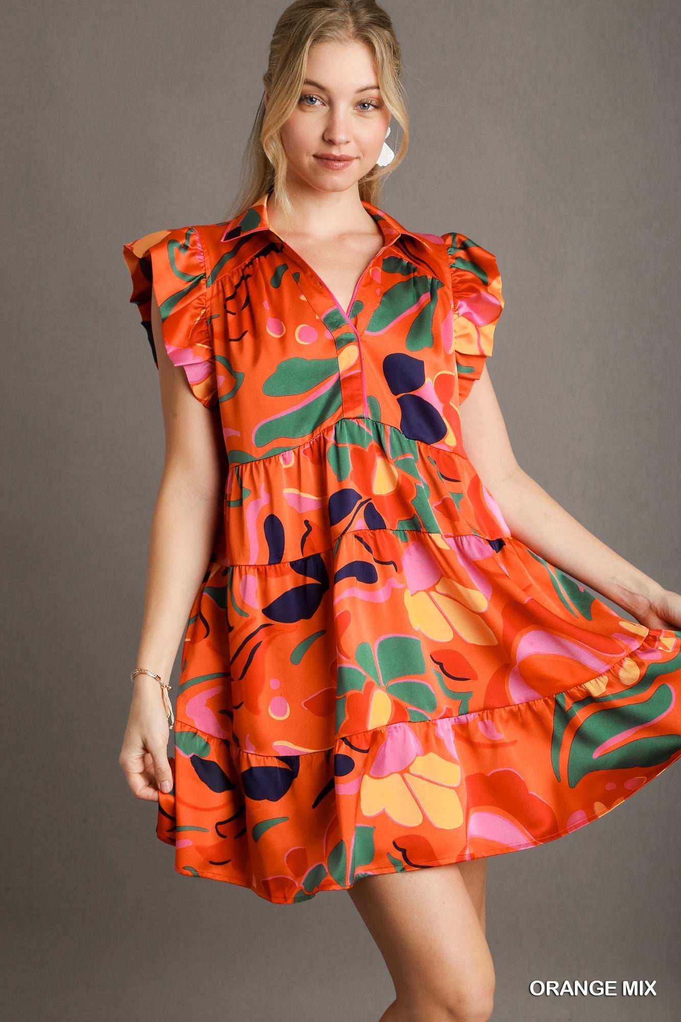 Orange Mix Satin Print Tiered Neck Dress