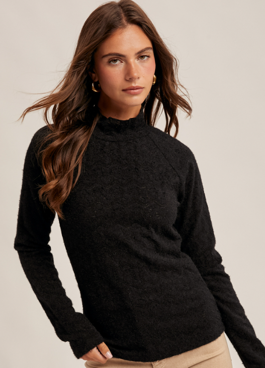 Black Mock Neck Long Sleeve Brushed Lace Top