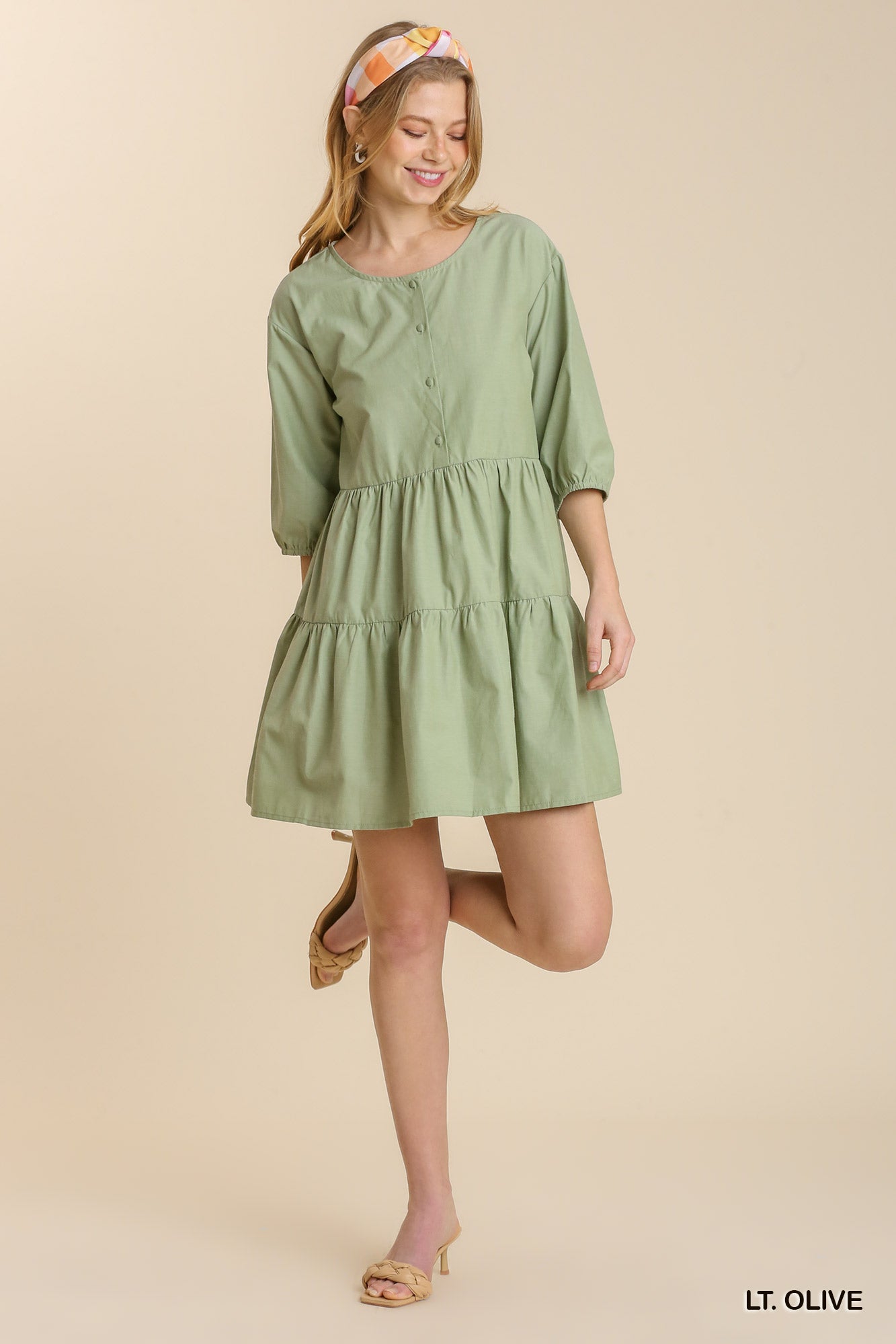 Light Olive Half Button 3/4 Sleeve Tiered Shirt Dress