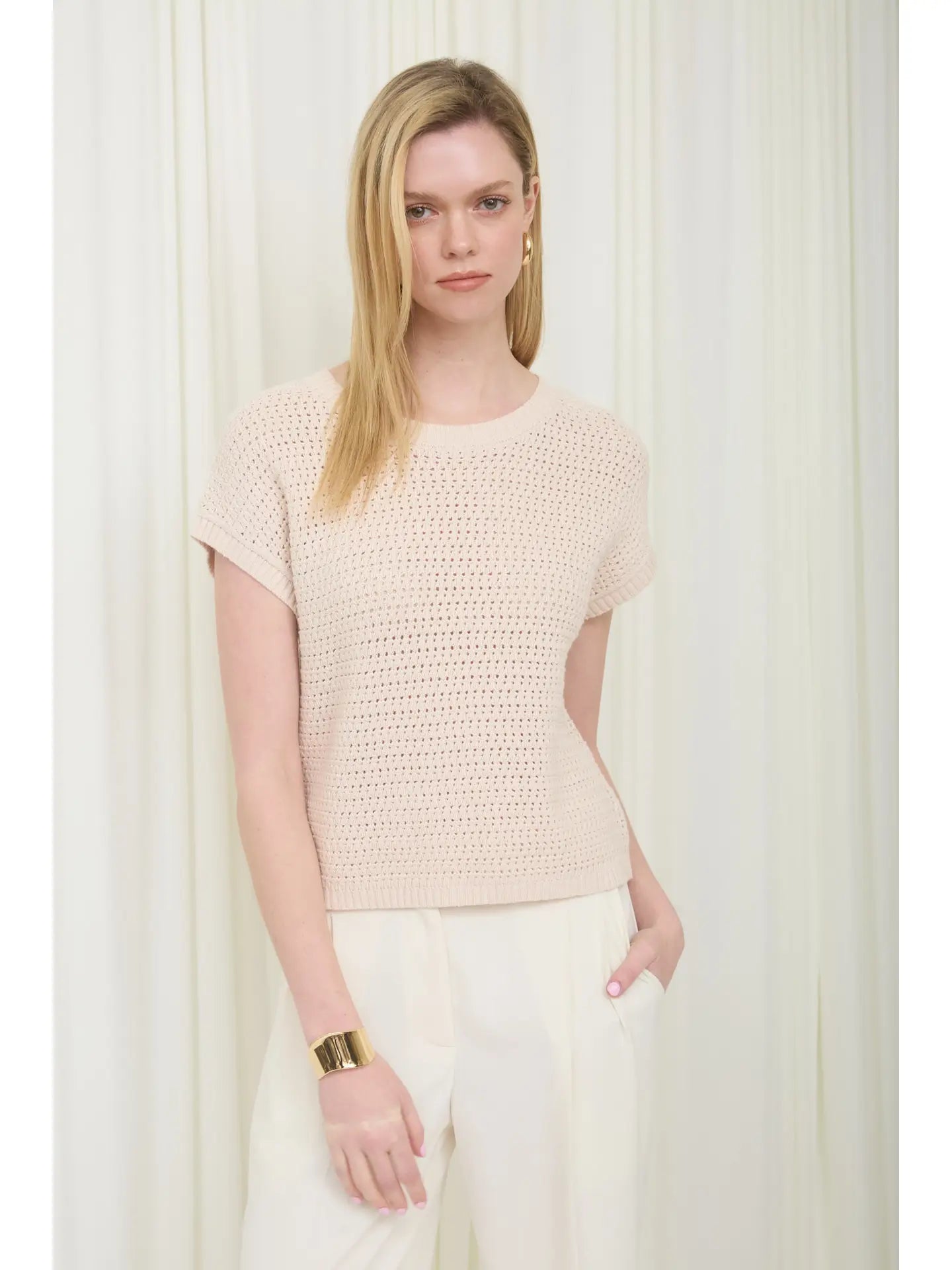 Light Khaki Sheer Knit Crew Neck Short Sleeve Sweater