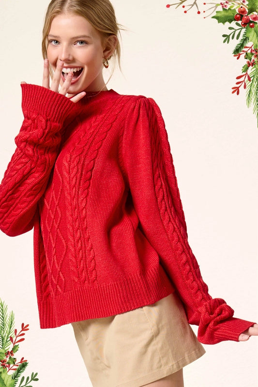 Red Soft Ribbed Crew Neck Cable Knit Sweater