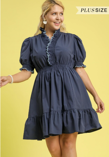 Umgee Navy Puff Sleeve Smocked Mini Dress with Scallop Trim