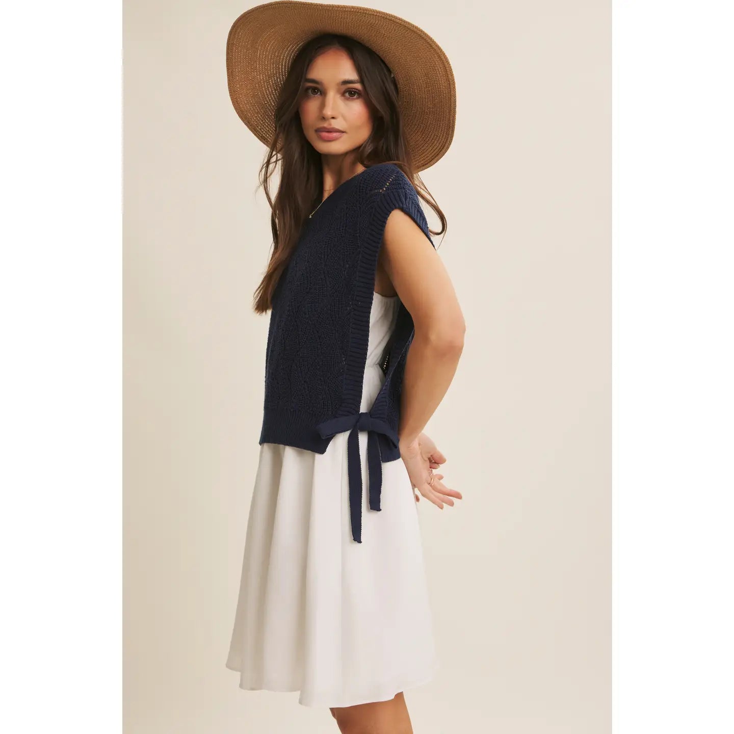 Navy Layering Sweater Vest & White Cami Dress Set