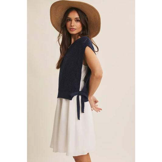 Navy Layering Sweater Vest & White Cami Dress Set
