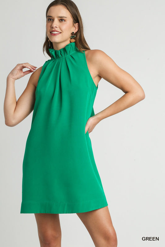 Green Sleeveless Dress with Ruffle Neck, Pleats & Back Bow Tie