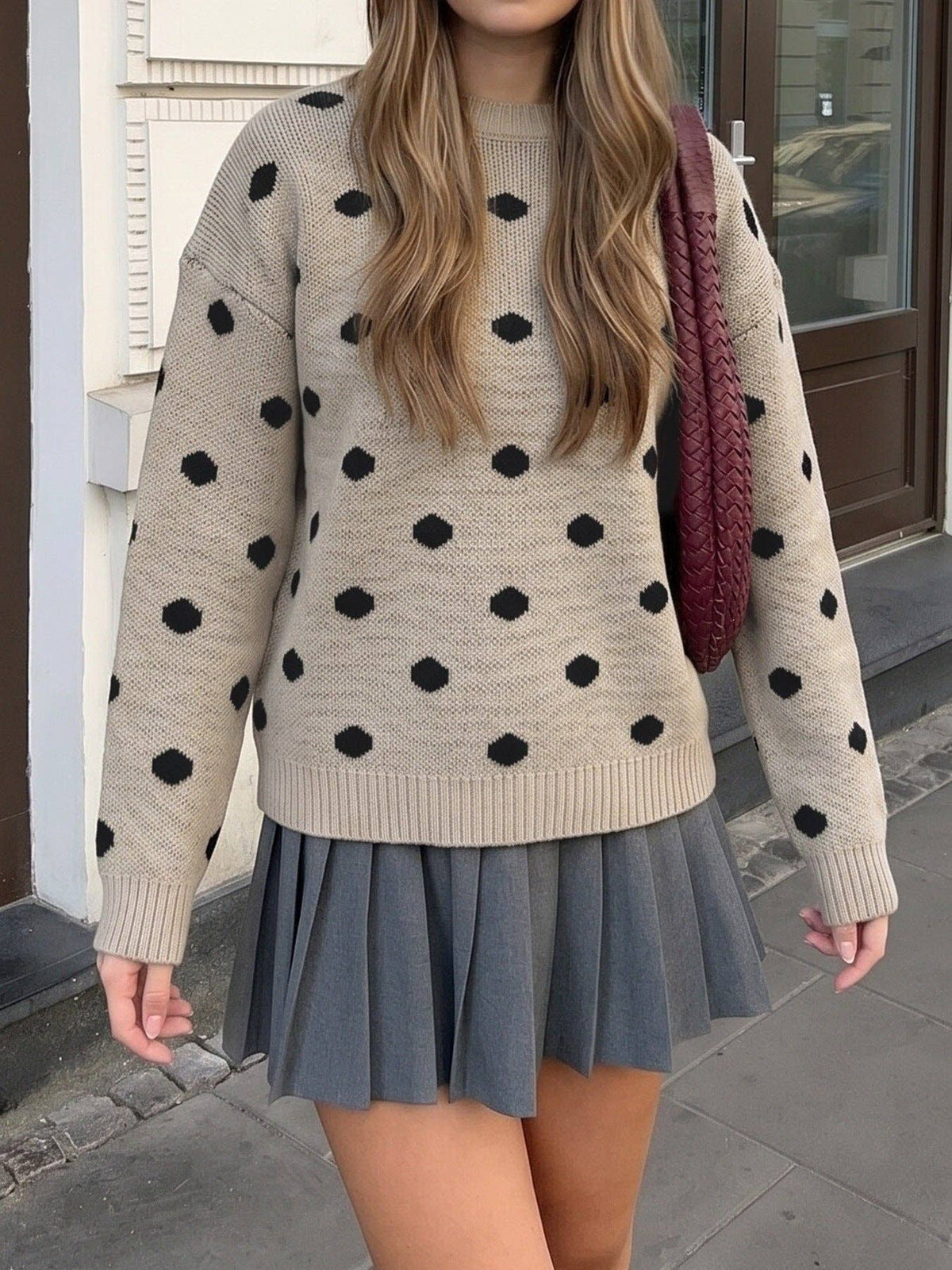 Women's Oversized Polka Dot Crewneck Casual Knit Sweater: Khaki / 45% Acrylic +26%polyamide +29%Polyester / S