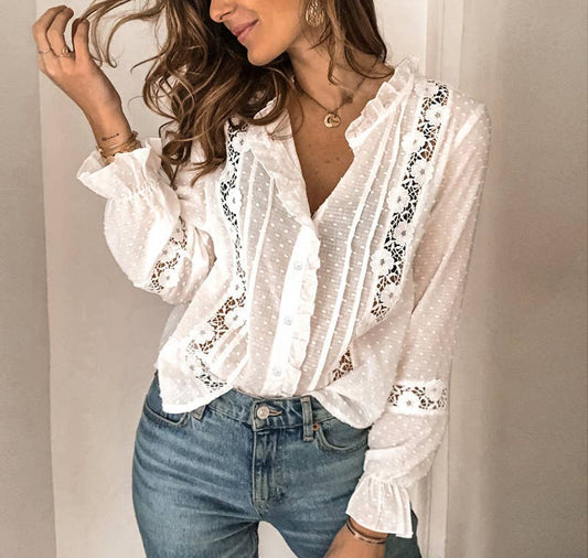 White Bell Sleeves Cotton-Paneled Shirt