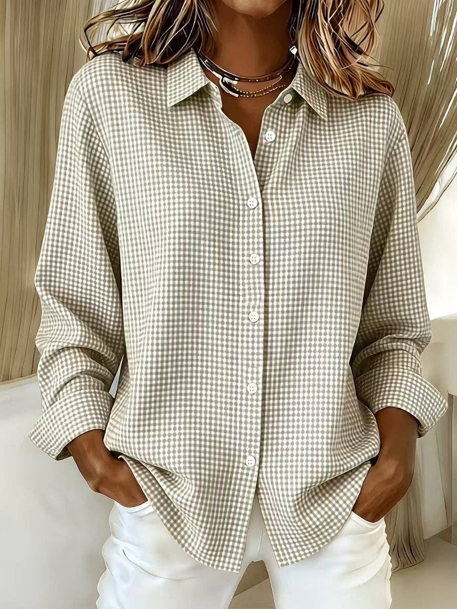 Women's Gingham Long Sleeve Button Down Shirt: Red / 100%Polyester / S