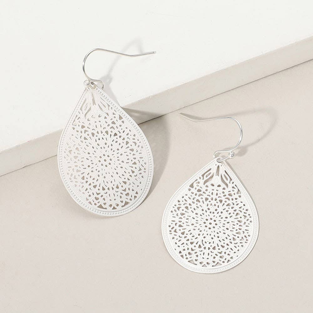 Matte Metal Filigree Teardrop Earrings: Yellow Gold