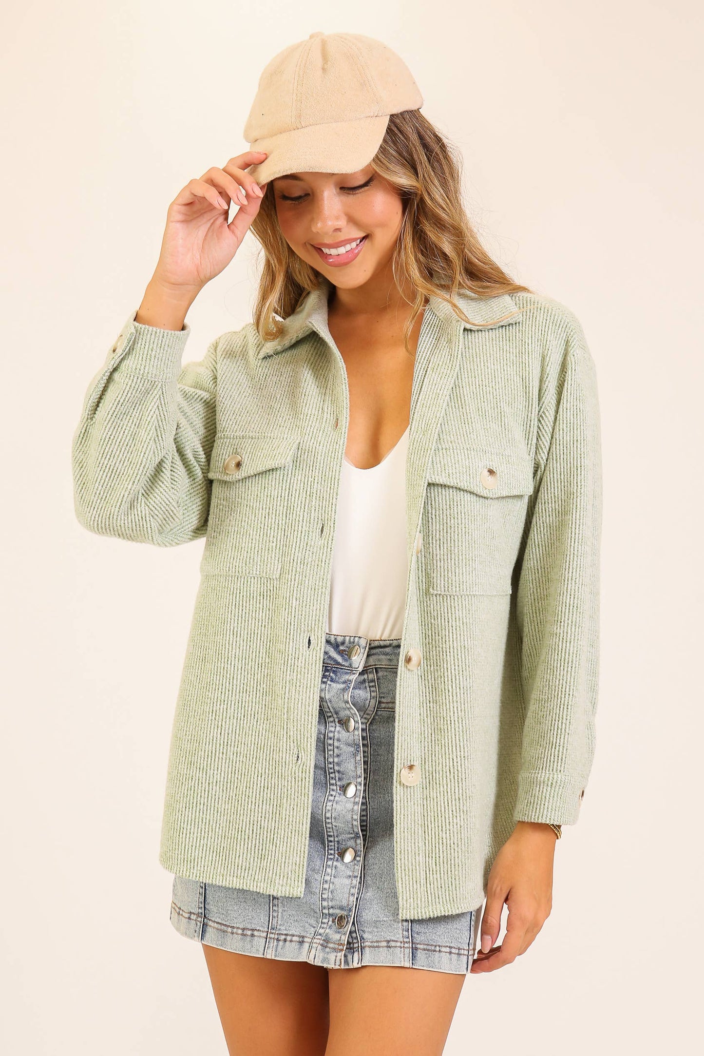 Brushed Waffle Button-Up Shacket: Brown / S
