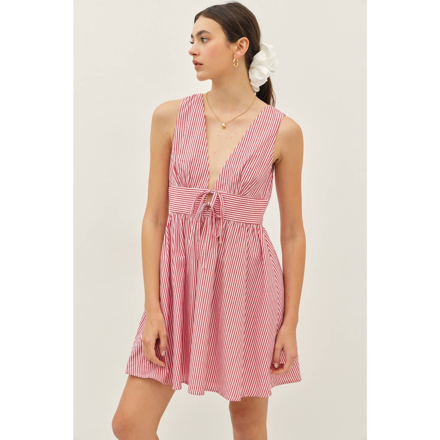 Red & White Summer Plunge Neck Stripe Mini Dress