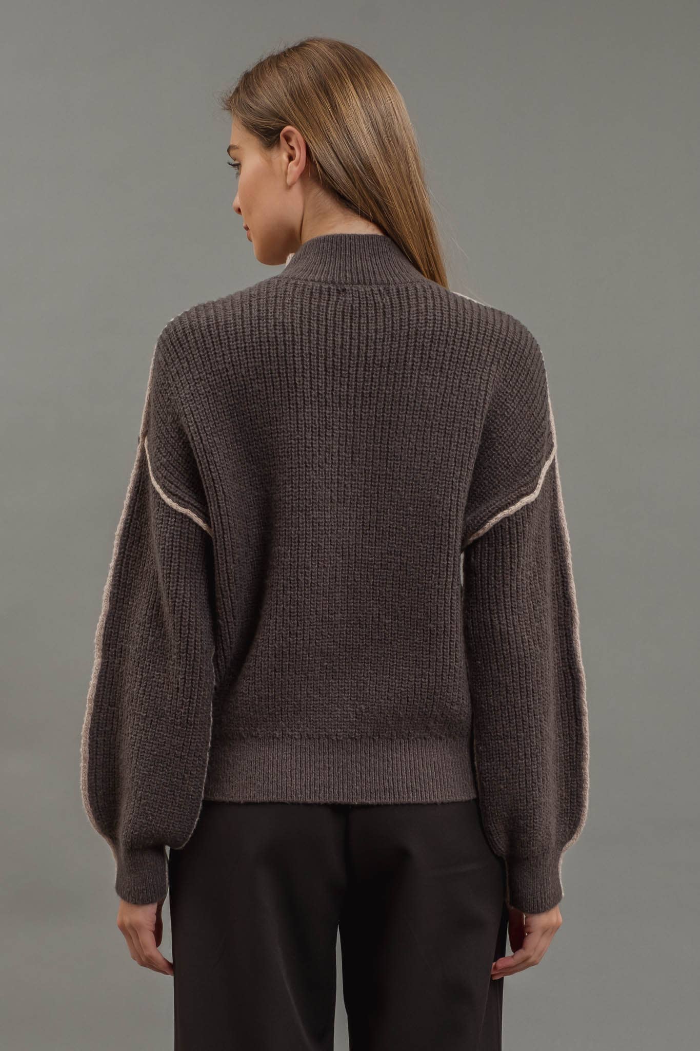 Colorblock Mock Neck Exposed Seam Sweater:  Mocha