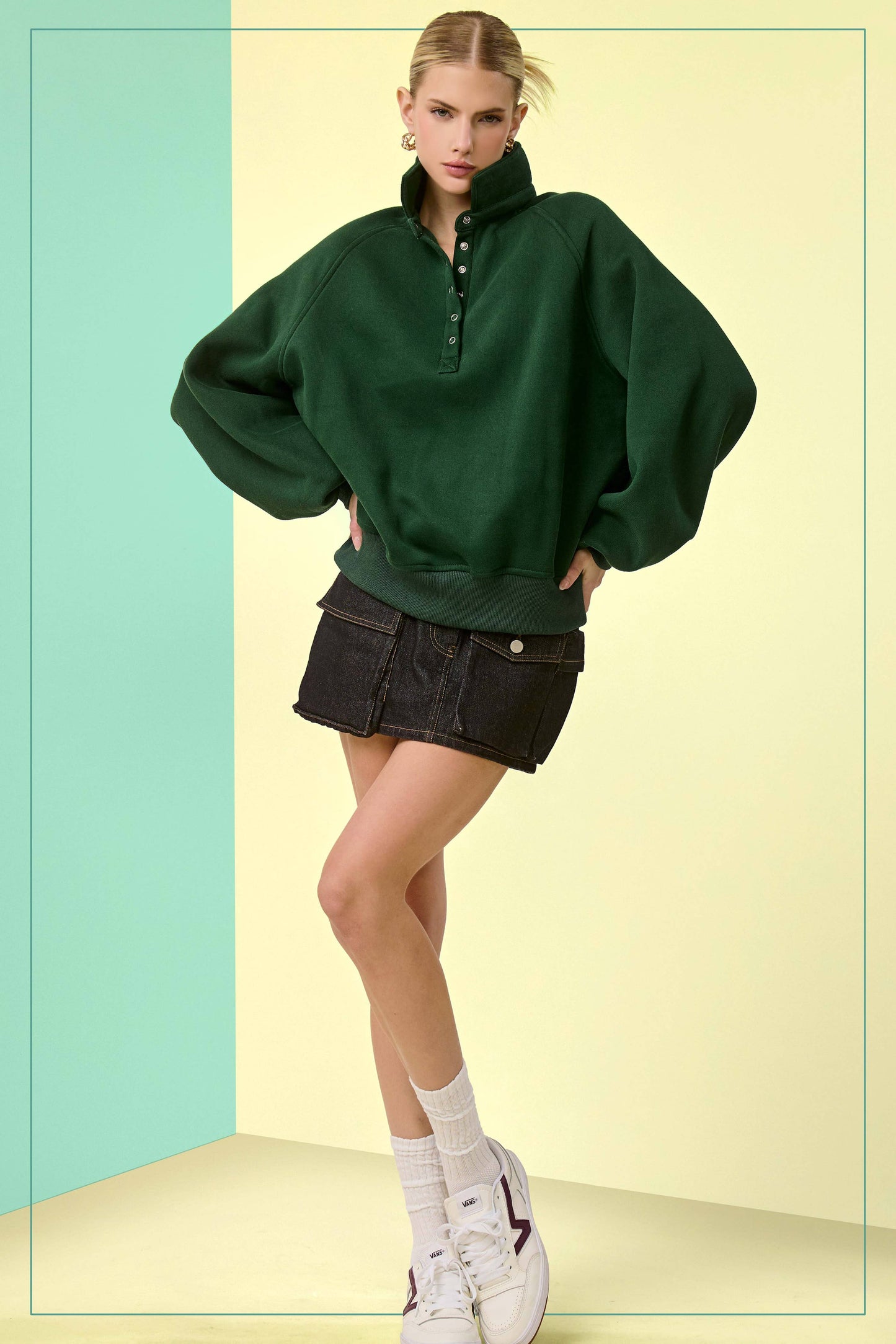 Fire Red Oversized Snap-Button Collared Mock Neck Sweatshirt
