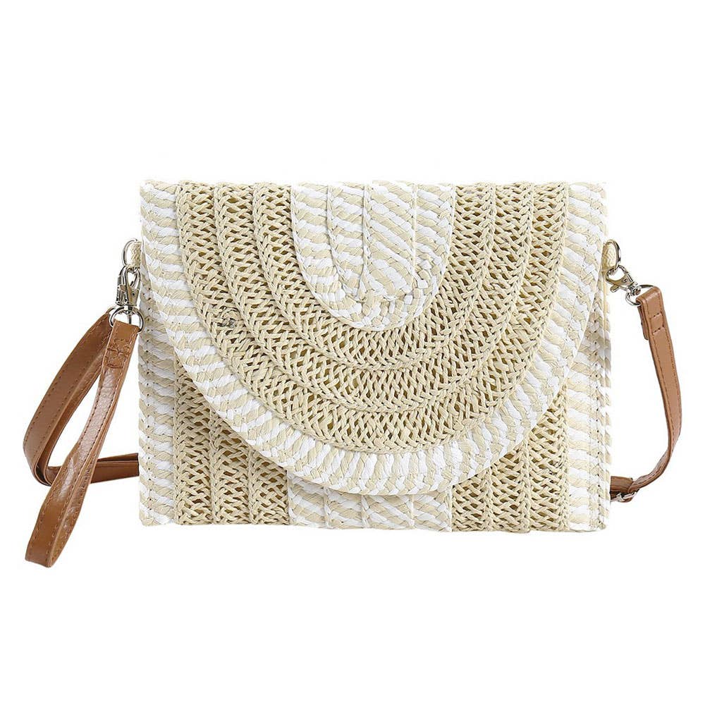 Beige Mixed Striped Straw Clutch / Crossbody Bag
