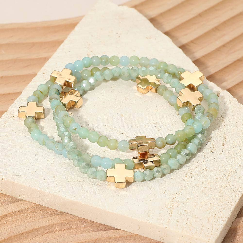 3PCS - Cross Charm Beaded Stretch Multi Layered Bracelets: Blue,Gold