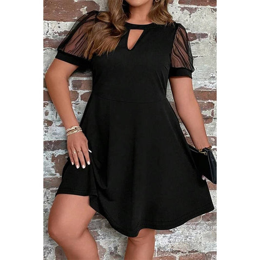 Plus Size Black Solid Cut Out Round Neck Lace Fit Dress