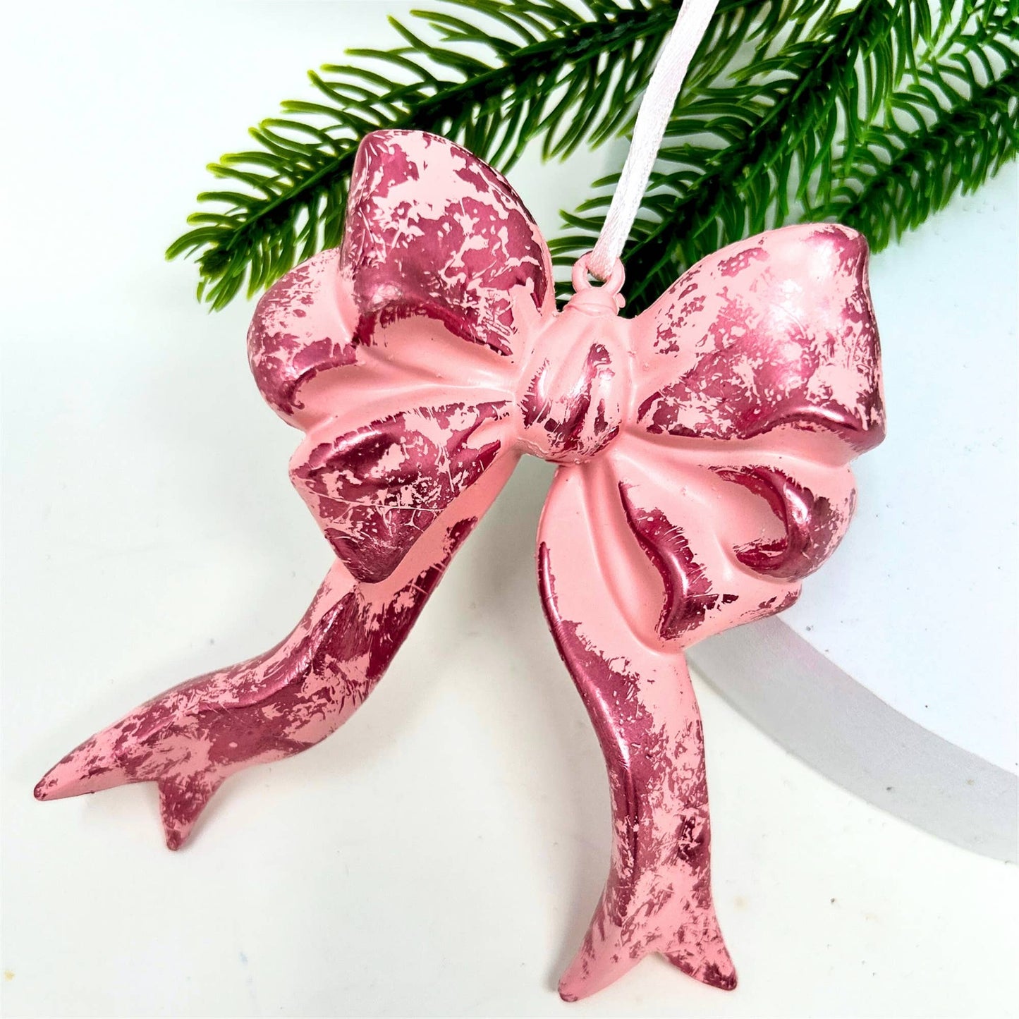 Plastic Hanging Bow Ornament - Pink 4.25"