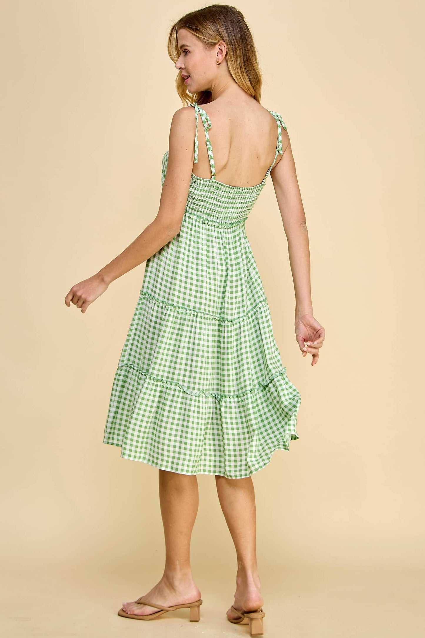 Green Gingham Tie Shoulder Midi Tiered Dress