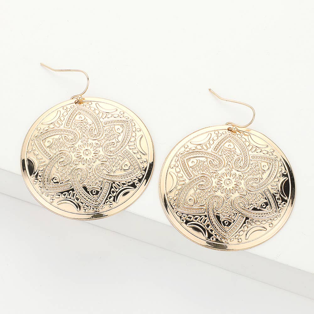 Gold Abstract Pattern Engraved Medallion Earrings