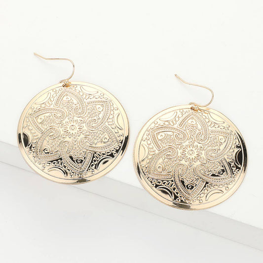 Gold Abstract Pattern Engraved Medallion Earrings