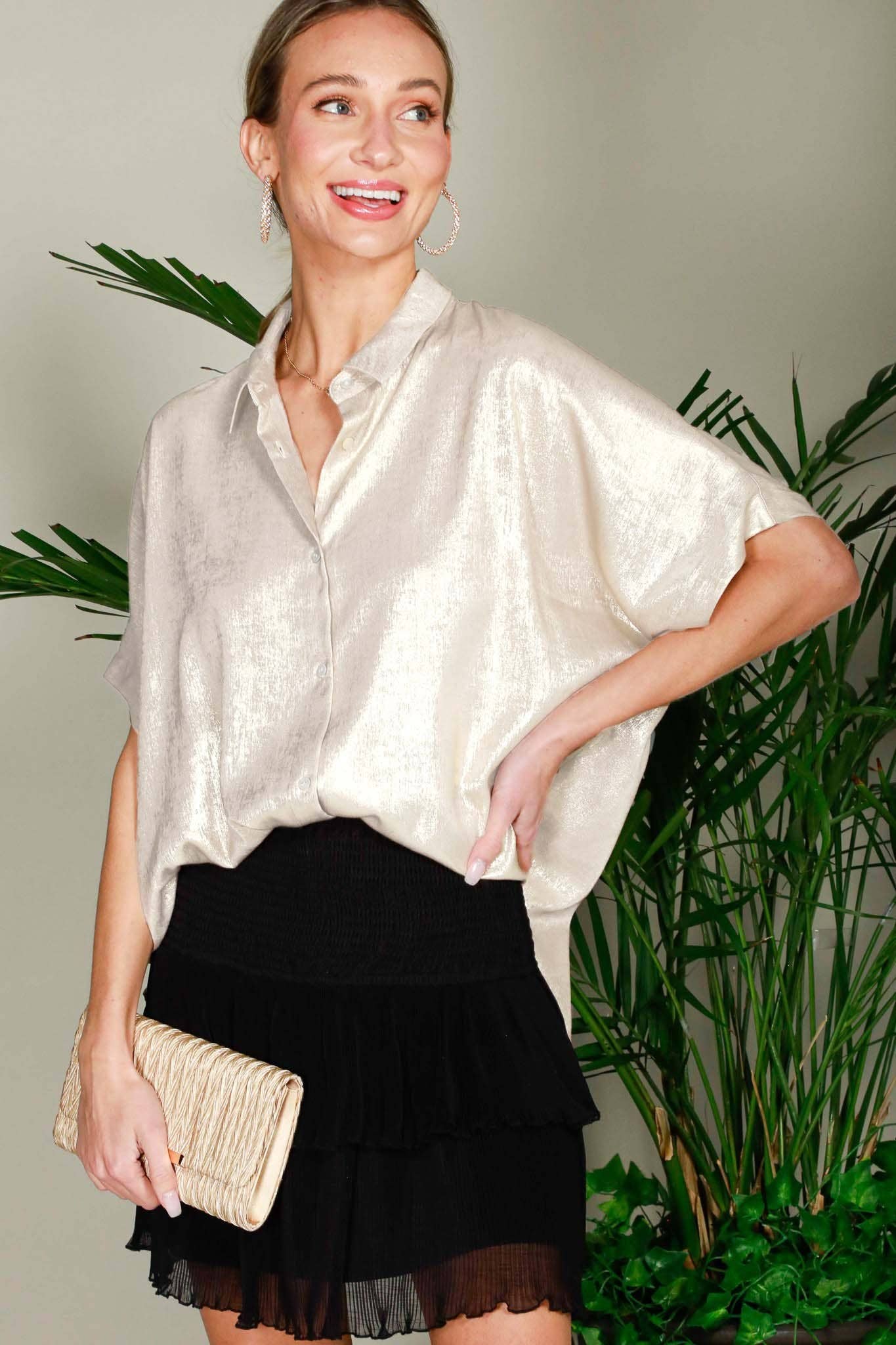 Champagne Collared Neck Button Down Metallic Woven Top