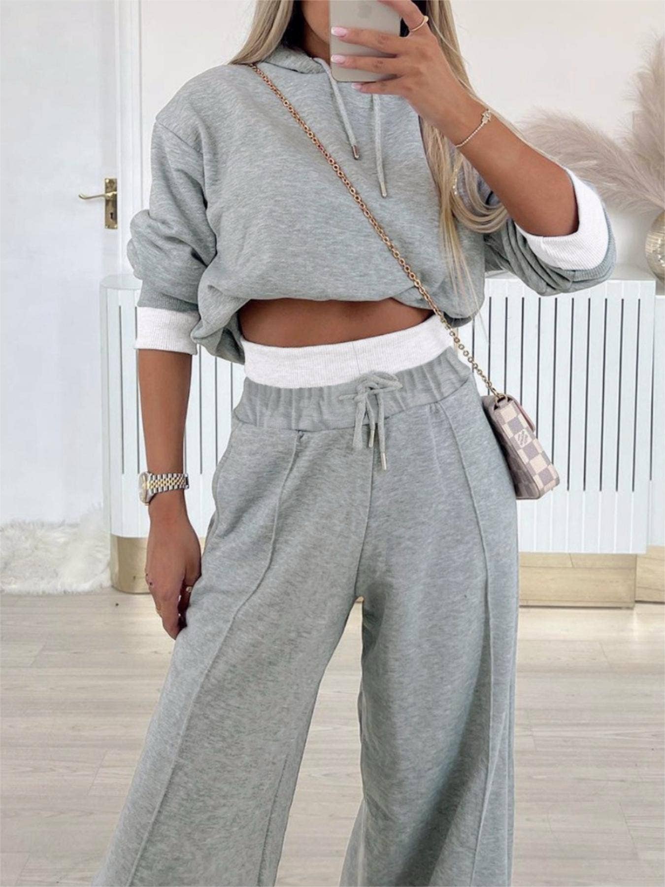 Gray Casual Hooded Sweatshirt Sports Pants Two-Piece Set