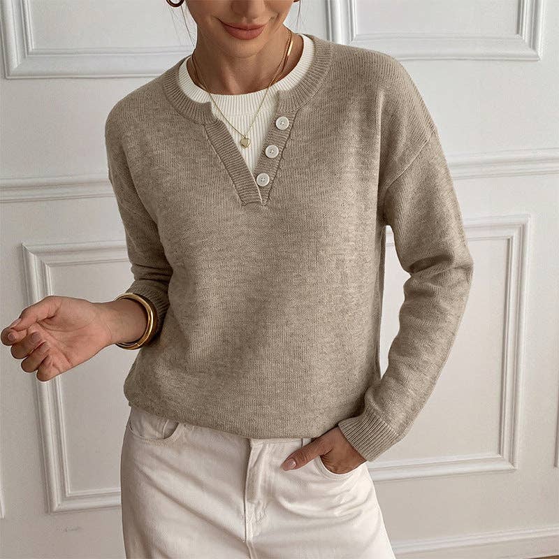 Colorblock Knit Sweater Relaxed Fit Long Sleeve Pullover: Khaki / 35% Polyamide+65% Acrylic / S