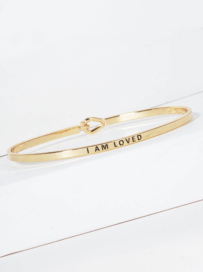 Gold "I Am Loved" Engraved Inspirational Bangle Bracelet