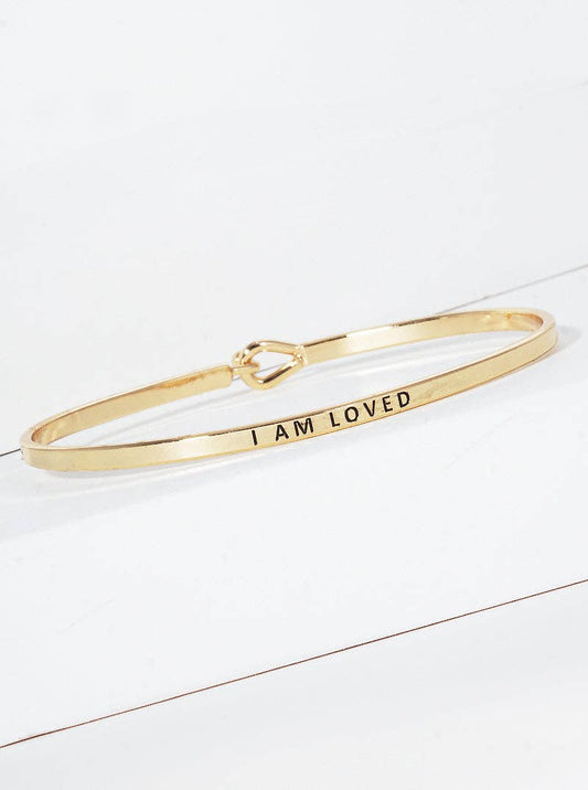 Gold "I Am Loved" Engraved Inspirational Bangle Bracelet