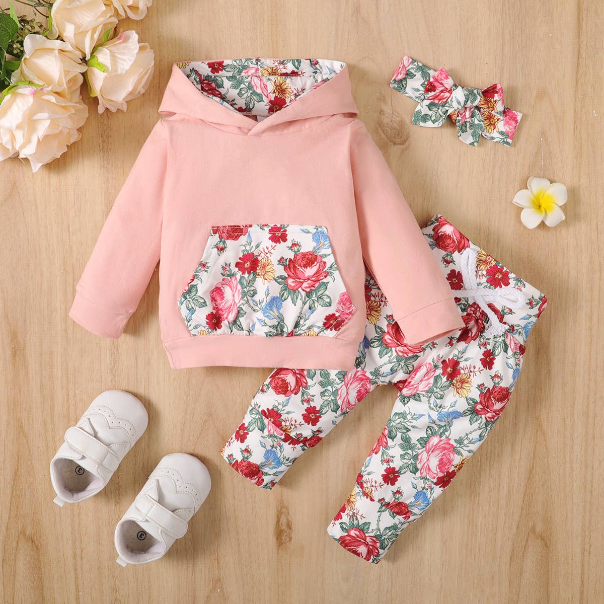 Beautiful Floral Hoodie, Pants and Headband Set: 3-6 Months / Purple