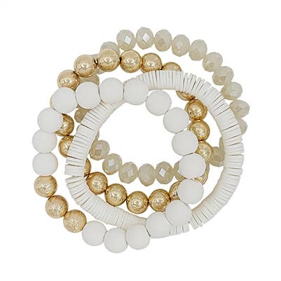 White Rubber, Crystal, and Gold Set of 4 Stretch Bracelets