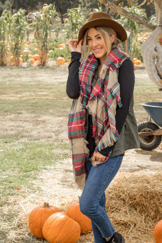 Plaid Blanket Scarf - Tan Green Red: Tan Green Red Plaid