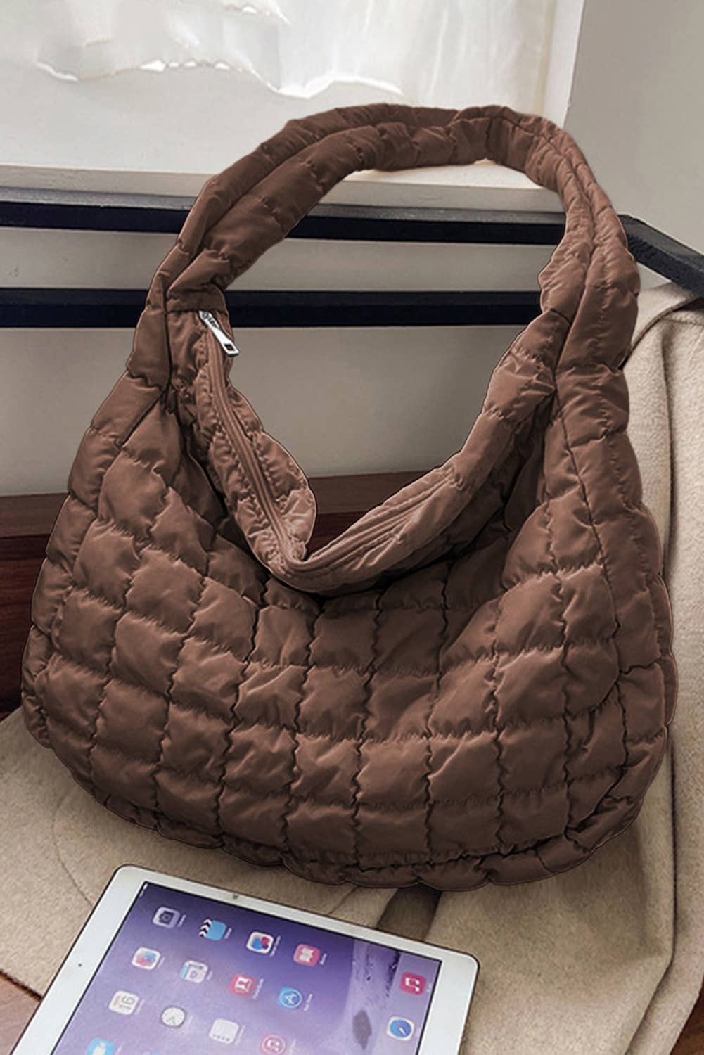 Quilted Zipper Large Shoulder Bag: Light French Beige