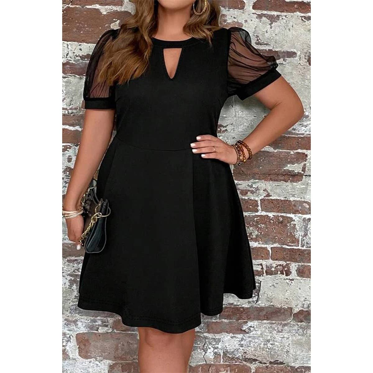 Plus Size Black Solid Cut Out Round Neck Lace Fit Dress