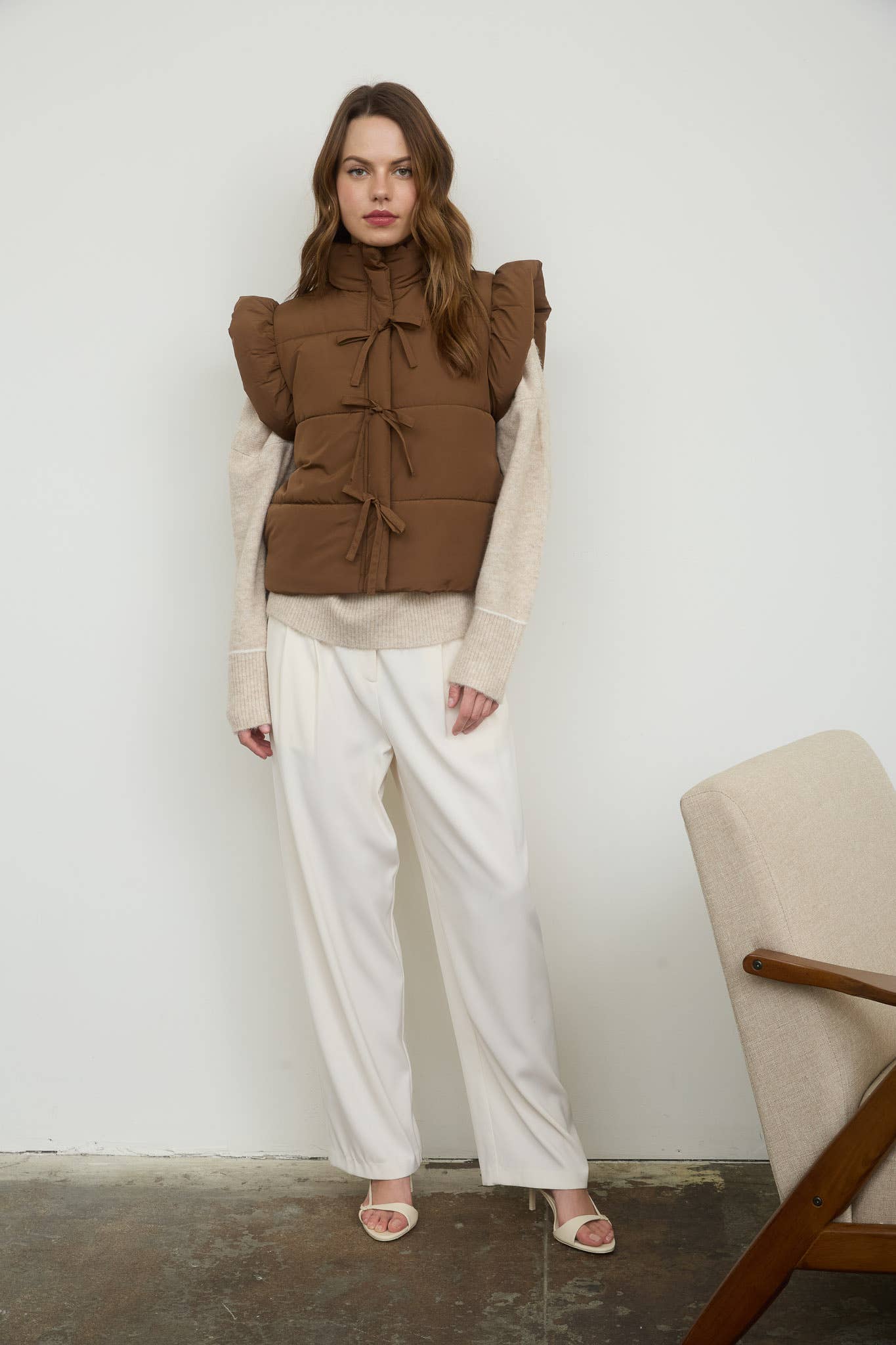 Brown Flutter Sleeve Bow Detail Puffer Vest F