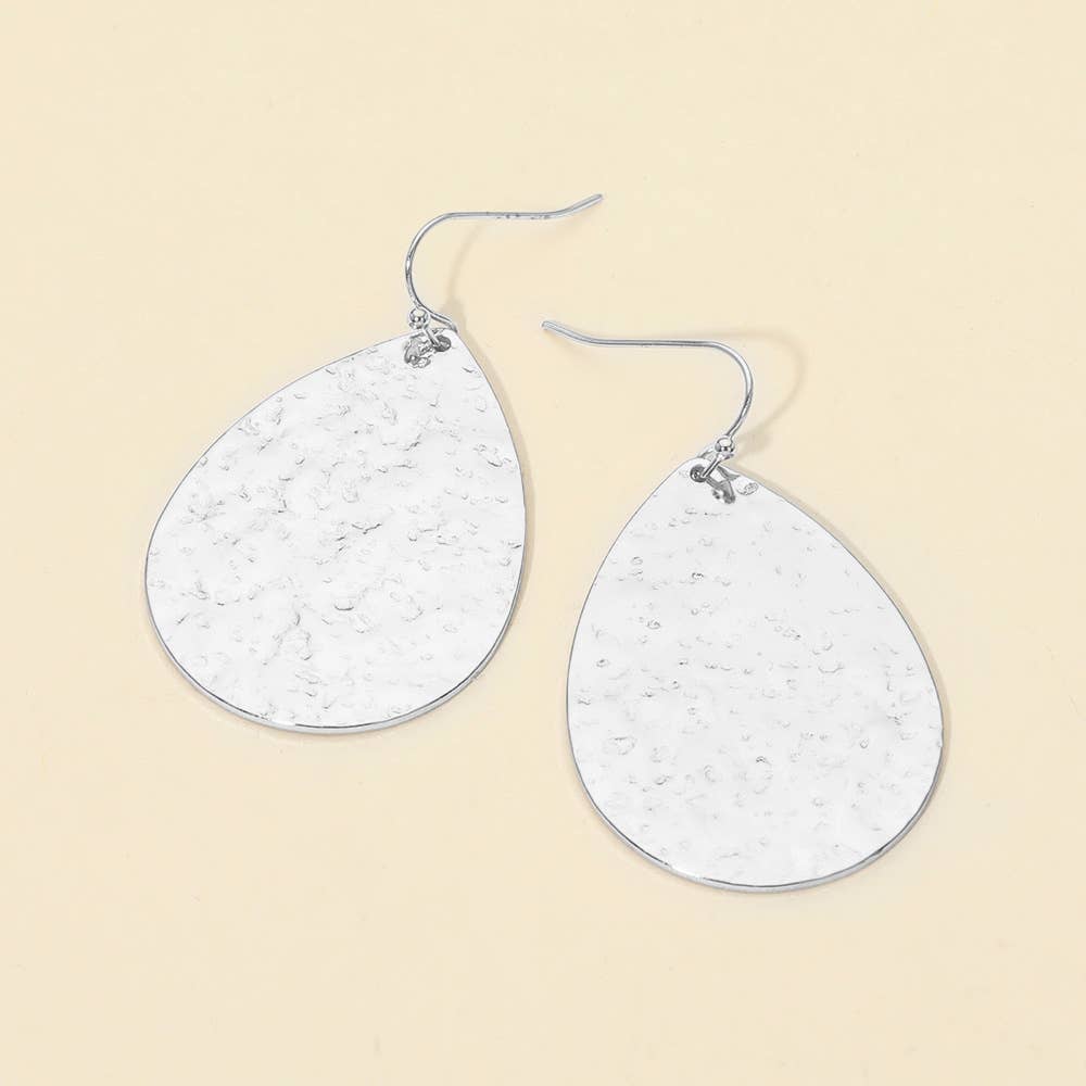 Hammered Metal Teardrop Plate Drop Earrings: Rhodium
