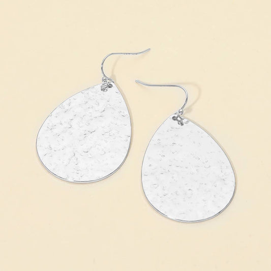 Silver Hammered Metal Teardrop Plate Drop Earrings