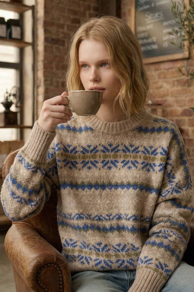 Taupe/Brown Cozy Jacquard  Sweater