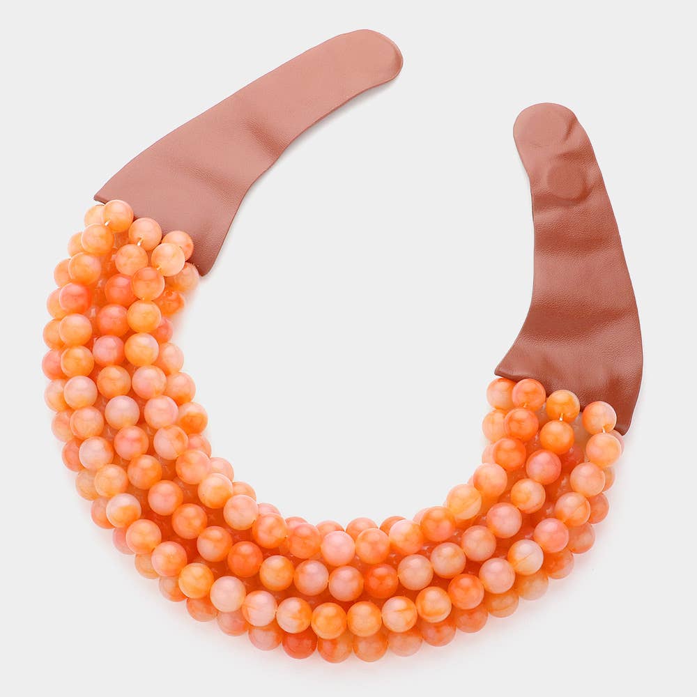 Chunky Acrylic Bead Layered Faux Leather Magnetic Necklace: Brown