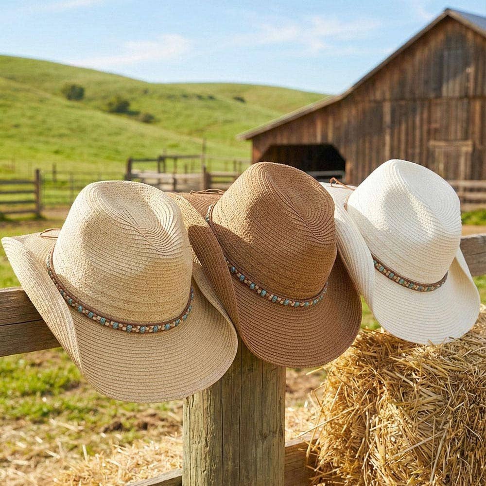 Multicolor Beaded Band Summer Straw Cowboy Hat: Ivory