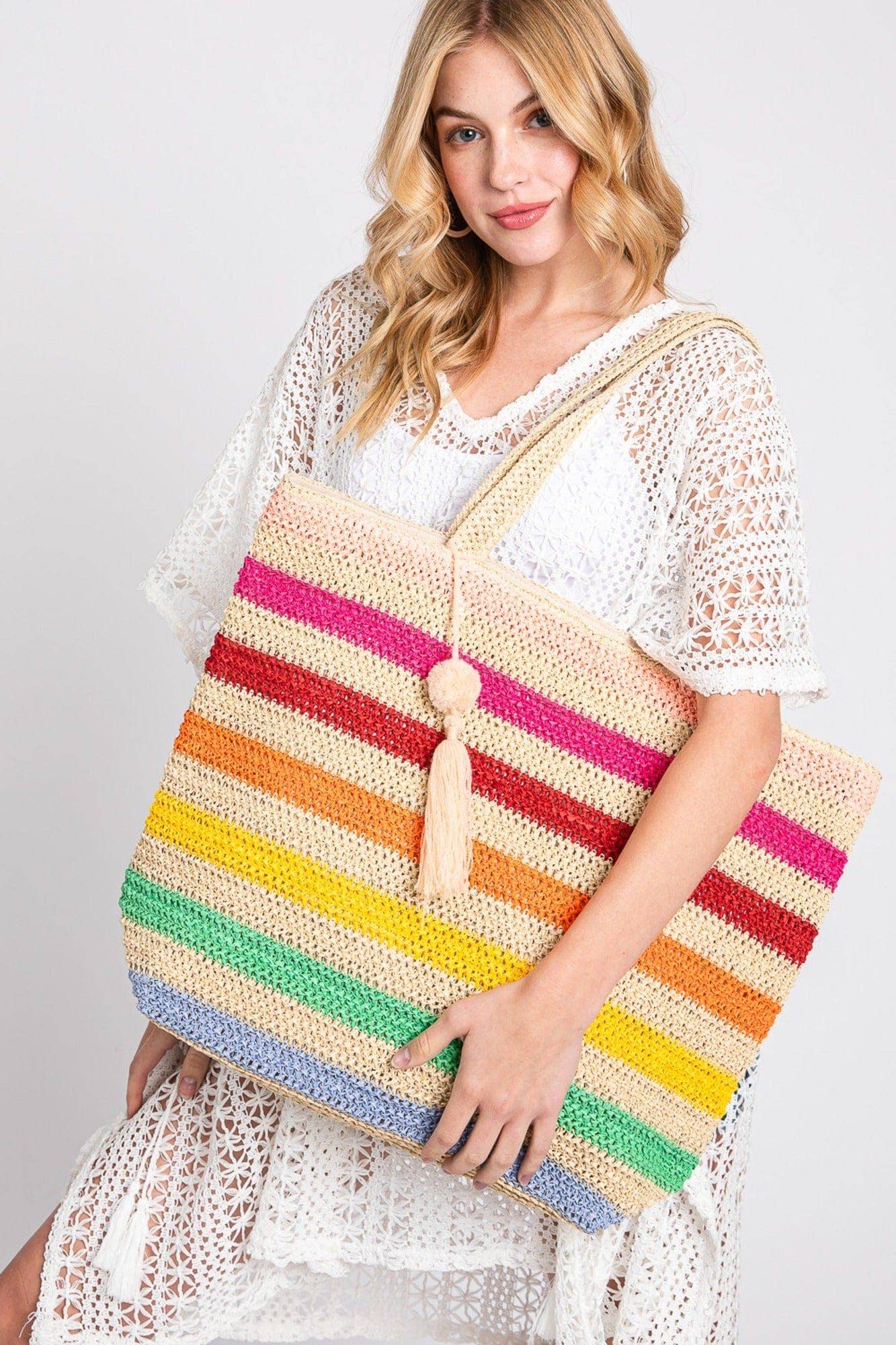 Amara Rainbow Crochet Tote Bag With Tassel